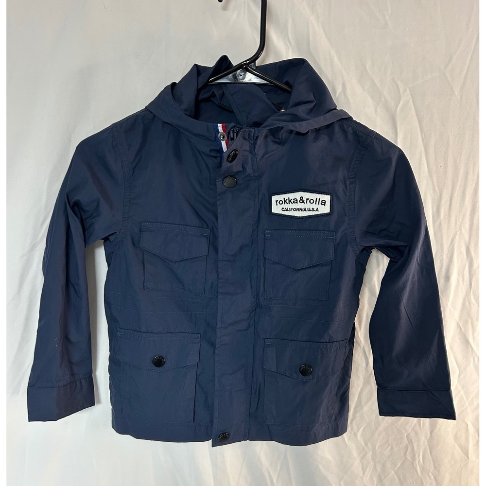 NWT Rokka&rolla Boys Navy Blue Hooded Field Jacket Utility Windbreaker Sz XS 4-5